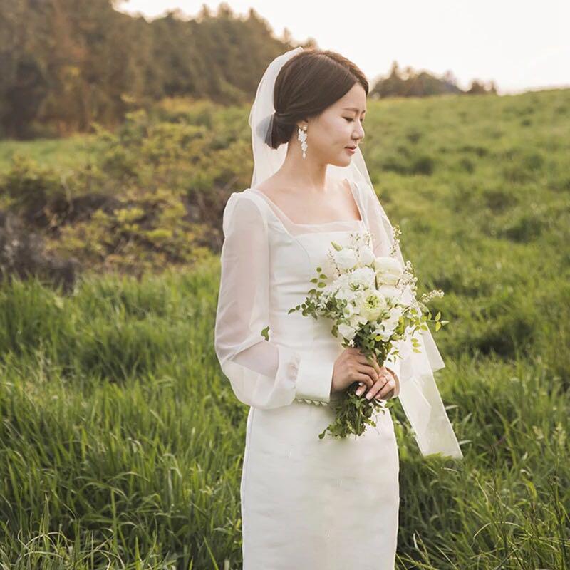 超美品 ウェディングドレス ロング丈 カラードレス 白 長袖 サテンスカート シフォン袖 スクエアネック 花嫁 二次会 結婚式 発表会 リゾート ブライダル 撮影 挙式 注目の Www Simon Page Com