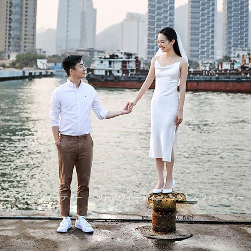 ウエディングドレス キャミソール ミディアム丈 白 シンプル 結婚式 スレンダードレス 二次会 ロングドレス 花嫁 ブライダル 大きいサイズ パーティードレス_1