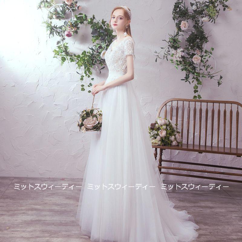 ウエディングドレス 安い 結婚式 半袖 Aラインドレス 二次会 ロング