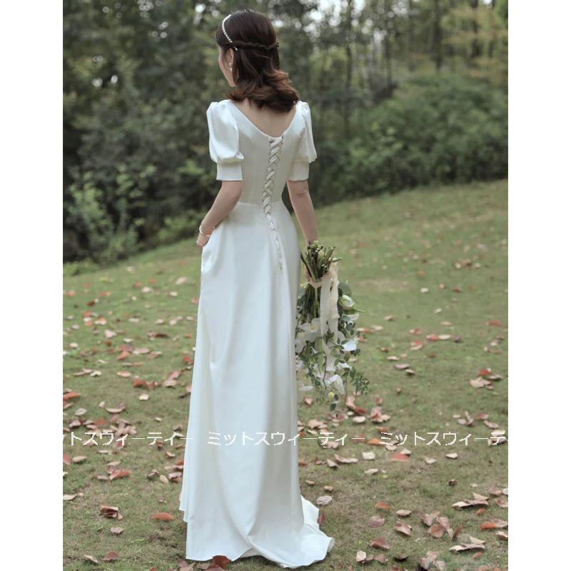 ウエディングドレス 二次会 花嫁 前撮り 袖あり ウェディングドレス ロングドレス リゾートドレス 白 サテン 結婚式 編み上げ 購買 ワンピース ブライダル 100％本物