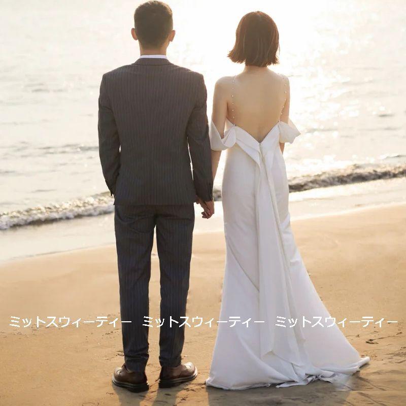 ウエディングドレス 二次会 花嫁 前撮り バックレス ウェディングドレス ロングドレス ビスチェ 結婚式 エレガント 白 シンプル リゾートドレス ワンピース_2