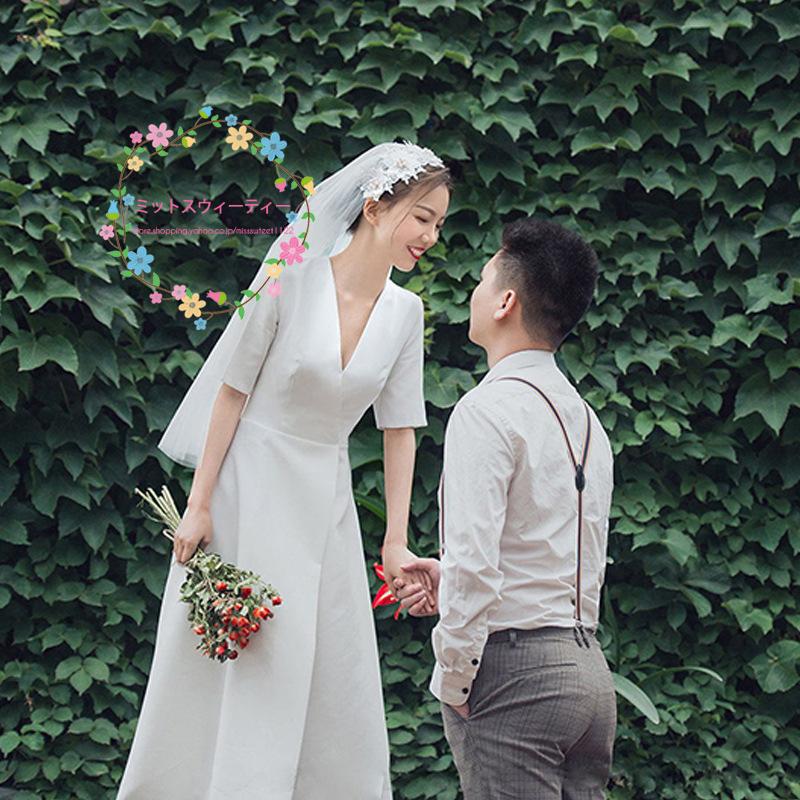 ウェディングドレス Vネック ミモレ丈 ホワイト 軽い 半袖 シンプル 結婚式 花嫁 披露宴 二次会 前撮り パーティー ブライダル ウエディングドレス フォーマル