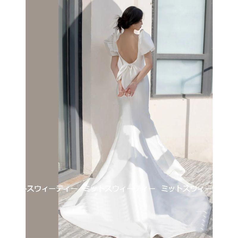 ウェディングドレス ロングドレス バックレス トレーン 結婚式 ウエディングドレス 二次会 花嫁 前撮り エレガント ホワイト リゾート フォトウェディング