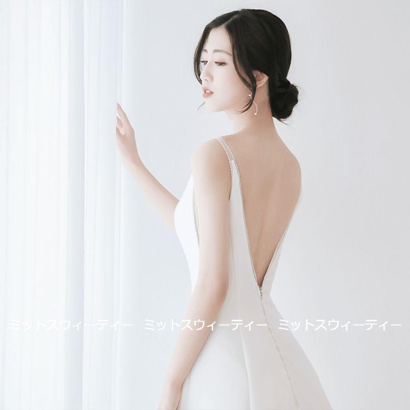 ウェディングドレス ロングドレス 結婚式 トレーン バックレス ウエディングドレス 二次会 花嫁 前撮り エレガント サテン ホワイト シンプル リゾートドレス