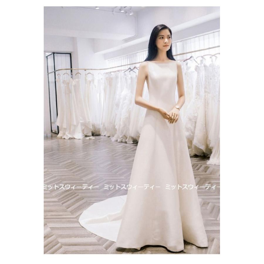 ウェディングドレス ロングドレス 結婚式 トレーン バックレス ウエディングドレス 二次会 花嫁 前撮り エレガント サテン ホワイト シンプル リゾートドレス_4