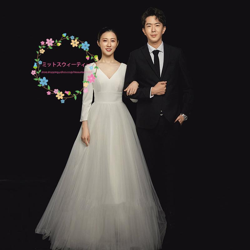 ウエディングドレス リゾートウェディング 長袖 vネック ウェディングドレス 結婚式 二次会 ハネムーンフォト 白 チュール 披露宴 前撮り 後撮り 花嫁ドレス