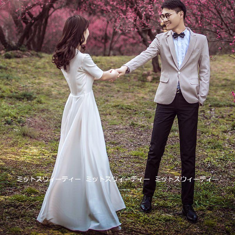 ウェディングドレス ロングドレス 結婚式 ウエディングドレス 長袖 Vネック 二次会 花嫁 前撮り エレガント サテン ホワイト シンプル リゾート ワンピース_3