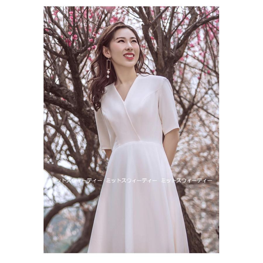 ウェディングドレス ロングドレス 結婚式 ウエディングドレス 長袖 Vネック 二次会 花嫁 前撮り エレガント サテン ホワイト シンプル リゾート ワンピース_4