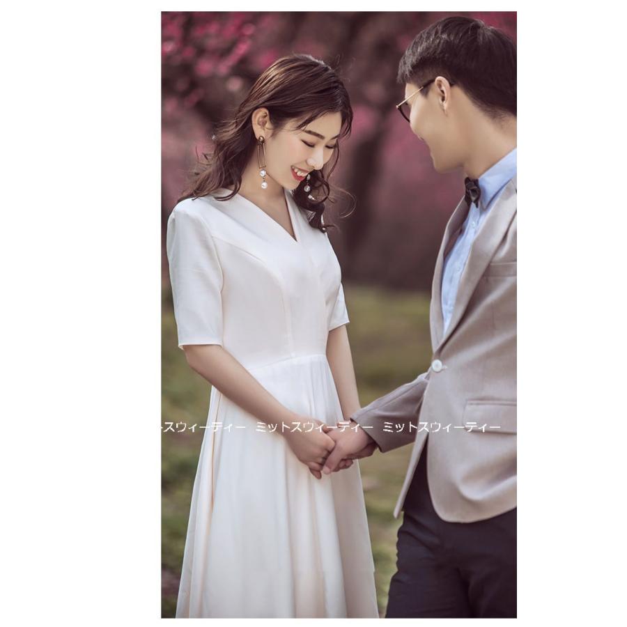 ウェディングドレス ロングドレス 結婚式 ウエディングドレス 長袖 Vネック 二次会 花嫁 前撮り エレガント サテン ホワイト シンプル リゾート ワンピース_5