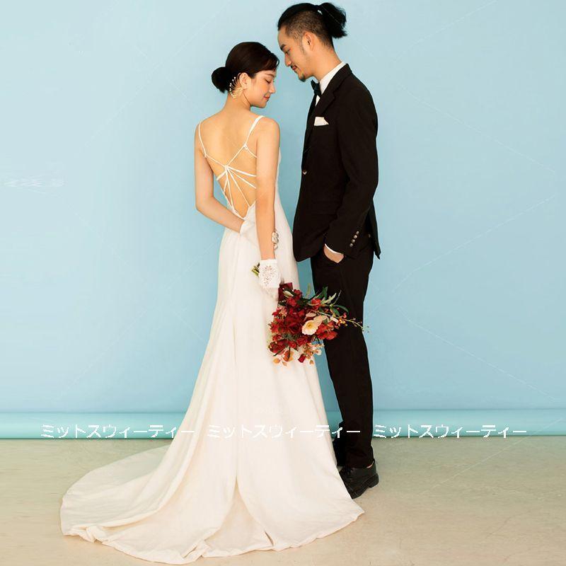 ウェディングドレス ロングドレス 結婚式 バックシャン トレーン ウエディングドレス 二次会 花嫁 前撮り エレガント サテン リゾート ワンピース ビーチフォト Wd546 ミットスウィーティー 通販 Yahoo ショッピング
