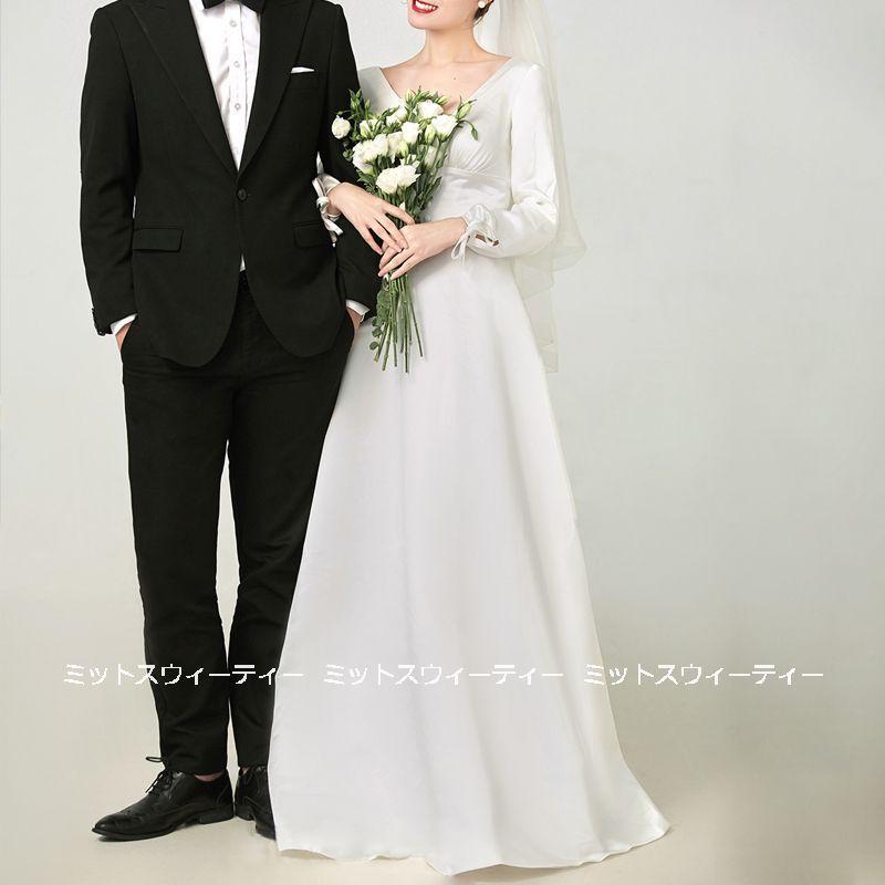 ウェディングドレス ロングドレス 結婚式 ウエディングドレス 長袖 Aラインドレス 二次会 花嫁 前撮り エレガント サテン ホワイト シンプル リゾート 披露宴 ウェディングドレス ロングドレス 結婚式 ウエディングドレス 長袖 A