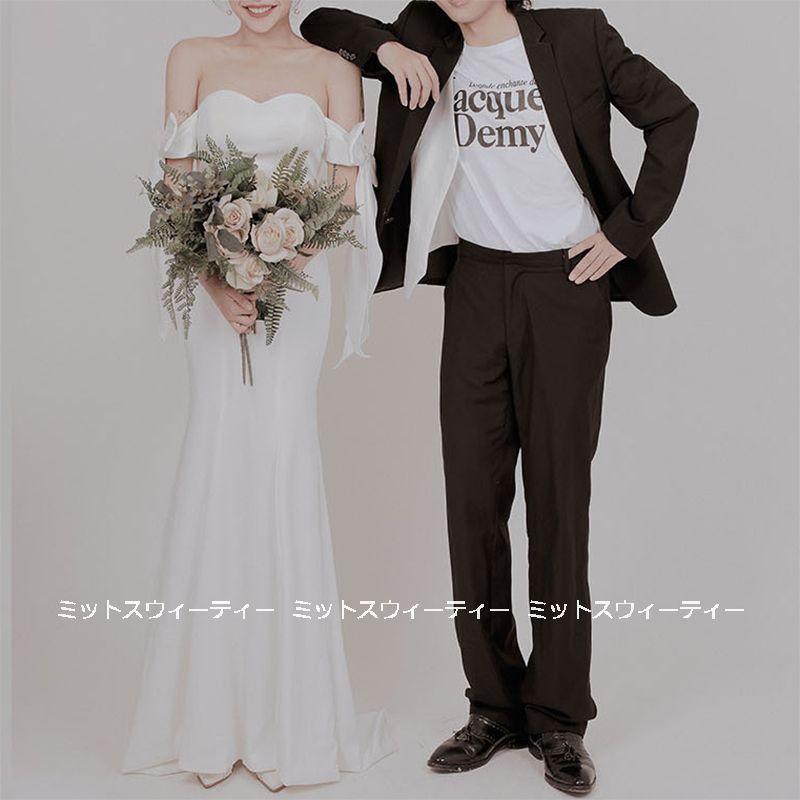ウェディングドレス ロングドレス 結婚式 ウエディングドレス オフショルダー マーメイド 二次会 花嫁 前撮り エレガント サテン ホワイト フォトウェディング