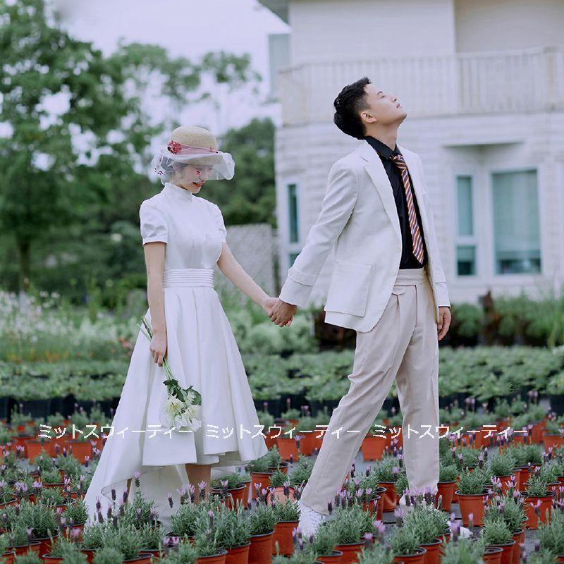 ウェディングドレス ウエディングドレス 半袖 ハイネック ロングドレス 結婚式 二次会 花嫁 前短後長 前撮りドレス サテン ホワイト フォトウエディング 白_1