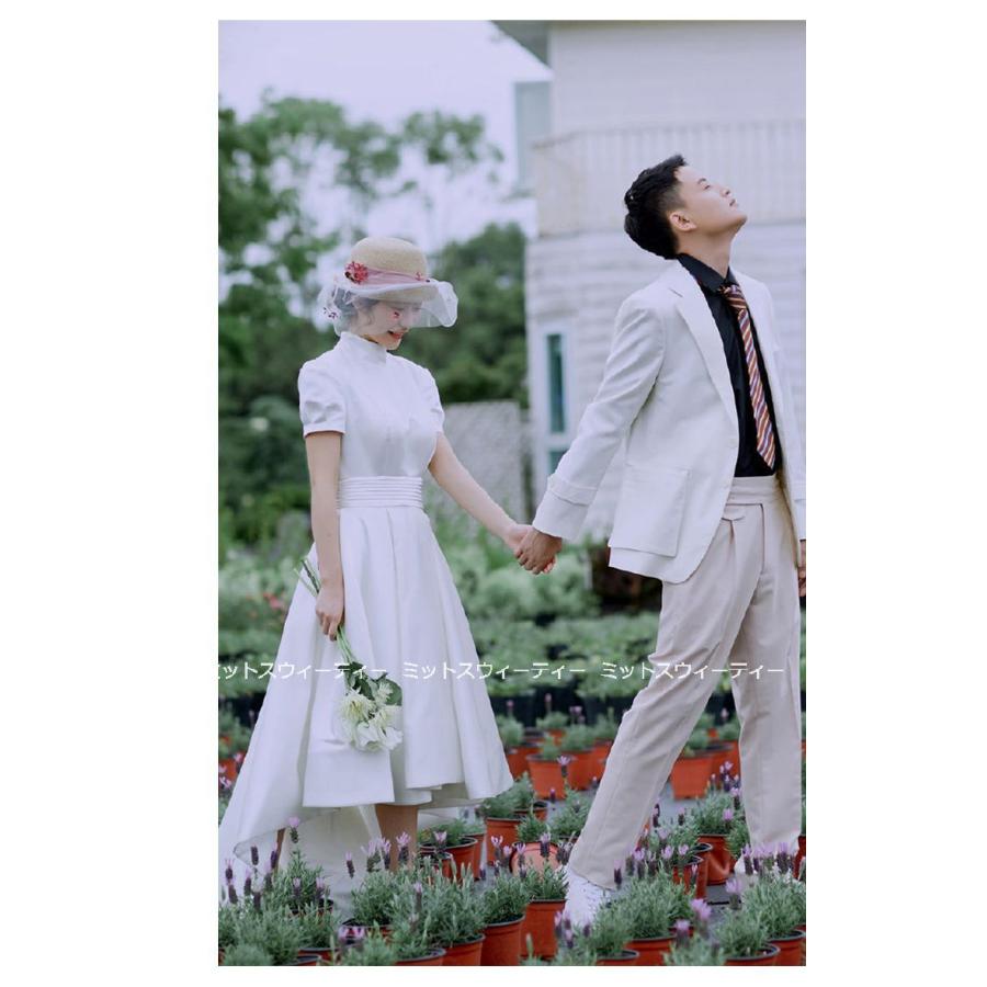 ウェディングドレス ウエディングドレス 半袖 ハイネック ロングドレス 結婚式 二次会 花嫁 前短後長 前撮りドレス サテン ホワイト フォトウエディング 白_7