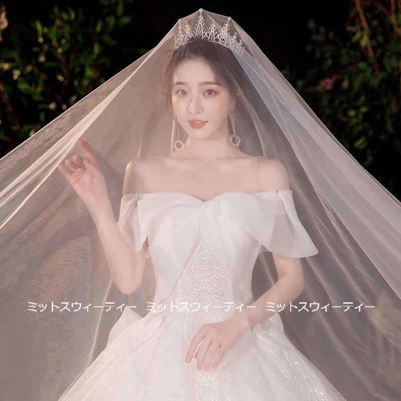 ウエディングドレス ロングドレス プリンセスラインドレス 二次会 花嫁 結婚式 ウェディグドレス 挙式 ブライダル オフショルダー リボン トレーン ゴージャス｜missswteet1122｜03