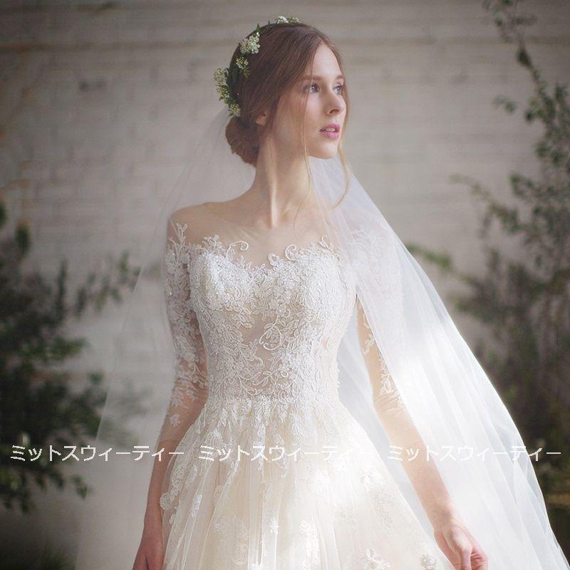 ウェディングドレス 花嫁 二次会 ウエディングドレス 結婚式 ロングドレス Aライン チュール レース トレーン 6分袖 海外挙式 披露宴 ブライダル 編み上げ 大人｜missswteet1122｜04