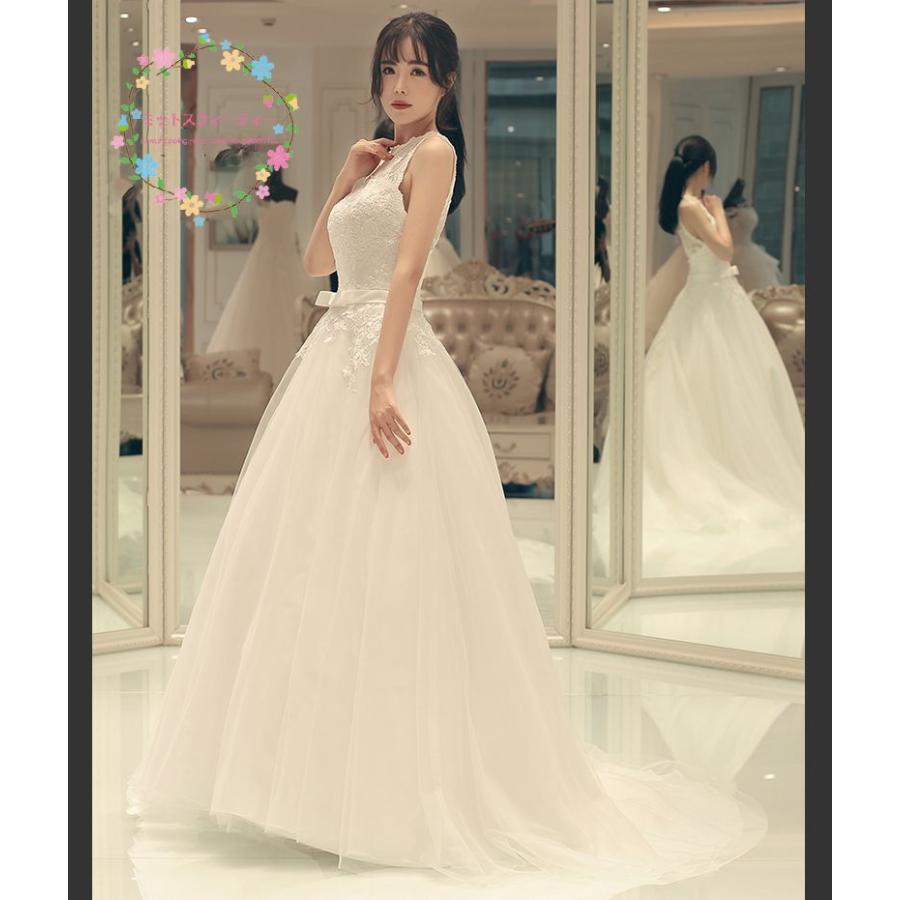 ウェディングドレス 花嫁 二次会 ウエディングドレス 結婚式 ロングドレス Aライン チュール 海外挙式 披露宴 ブライダル 編み上げ トレーン 安い ノースリーブ