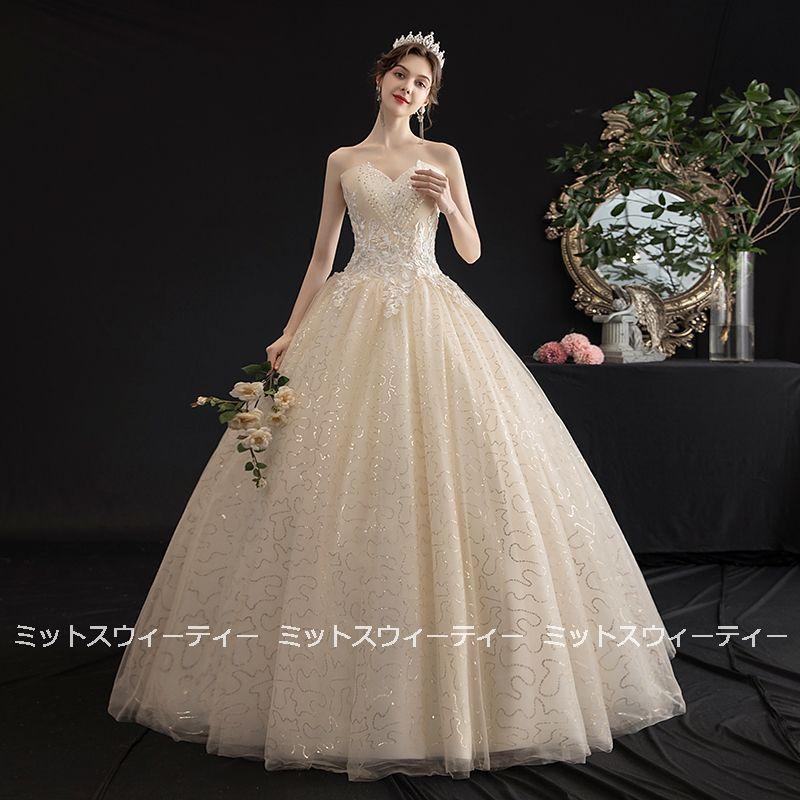 ウェディングドレス 花嫁 二次会 ビスチェ ウエディングドレス 結婚式 ロングドレス プリンセスライン シャンパン 挙式 披露宴 ブライダル 編み上げ ベアトップ｜missswteet1122｜02