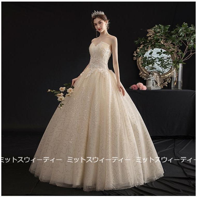 ウェディングドレス 花嫁 二次会 ビスチェ ウエディングドレス 結婚式 ロングドレス プリンセスライン シャンパン 挙式 披露宴 ブライダル 編み上げ ベアトップ｜missswteet1122｜07