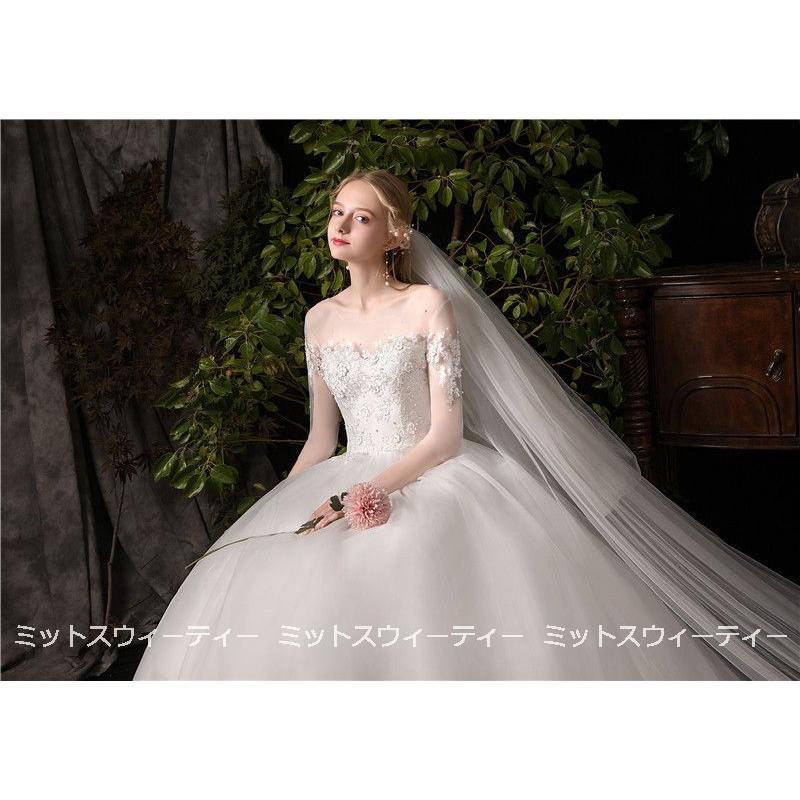 ウェディングドレス 花嫁 二次会 ウエディングドレス 結婚式 ロングドレス プリンセスライン チュール 海外挙式 披露宴 ブライダル ホワイト 袖付き 編み上げ_10