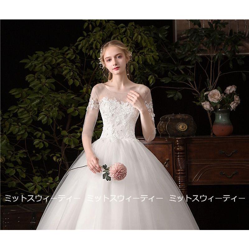 ウェディングドレス 花嫁 二次会 ウエディングドレス 結婚式 ロングドレス プリンセスライン チュール 海外挙式 披露宴 ブライダル ホワイト 袖付き 編み上げ_4