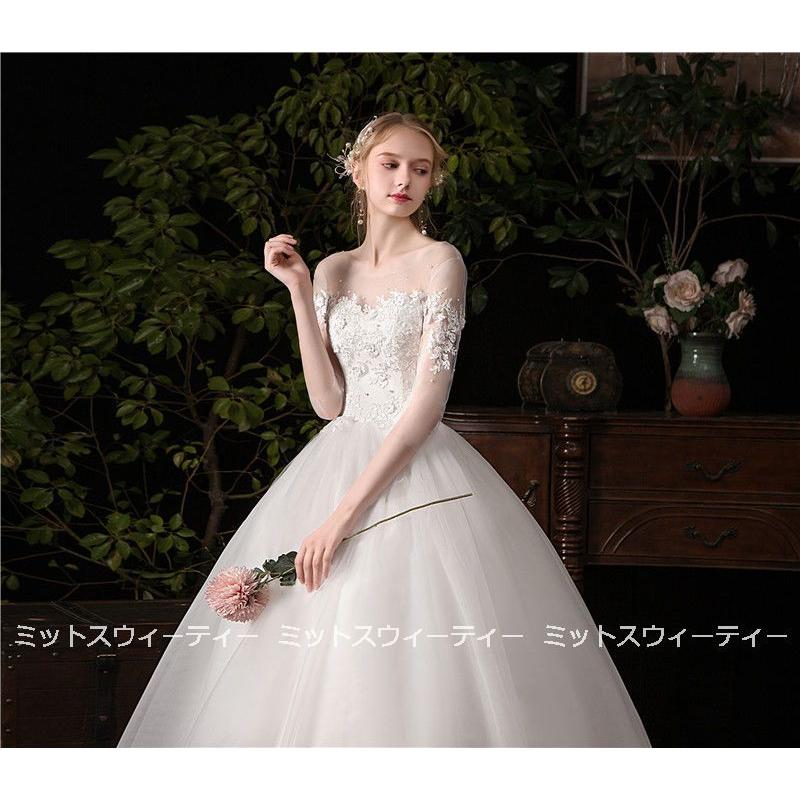 ウェディングドレス 花嫁 二次会 ウエディングドレス 結婚式 ロングドレス プリンセスライン チュール 海外挙式 披露宴 ブライダル ホワイト 袖付き 編み上げ_5