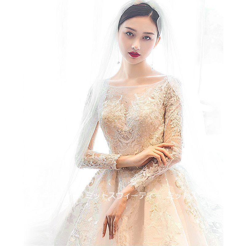 ウェディングドレス 花嫁 二次会 ウエディングドレス 結婚式 ロングドレス プリンセスライン レース 長袖 海外挙式 披露宴 華やか ブライダル 編み上げ トレーンの画像