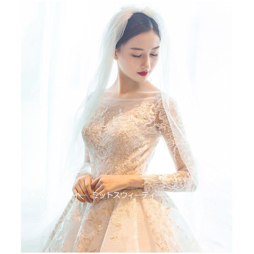 ウェディングドレス 花嫁 二次会 ウエディングドレス 結婚式 ロングドレス プリンセスライン レース 長袖 海外挙式 披露宴 華やか ブライダル 編み上げ トレーンの画像