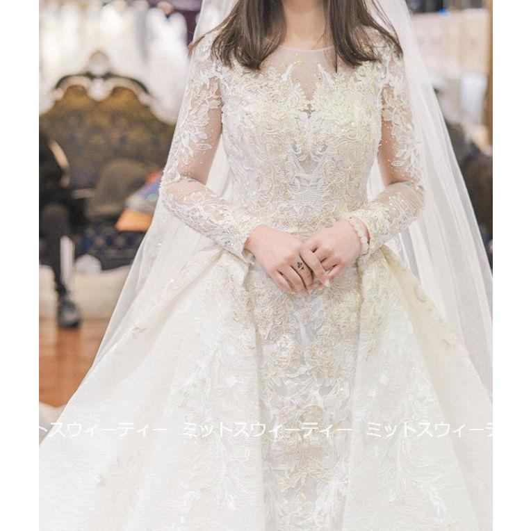 ウェディングドレス 花嫁 二次会 ウエディングドレス 結婚式 ロングドレス プリンセスライン レース 長袖 海外挙式 披露宴 華やか ブライダル 編み上げ トレーン｜missswteet1122｜07