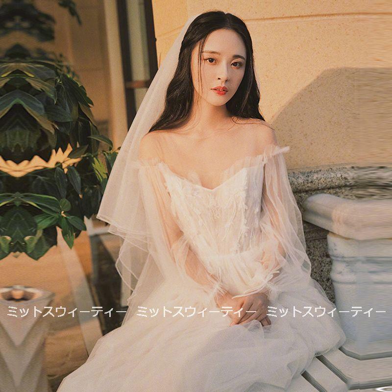 ウェディングドレス 花嫁 二次会 ウエディングドレス 結婚式 ロングドレス Aラインドレス チュール トレーン 前撮り 長袖 白 挙式 披露宴 ブライダル 編み上げ