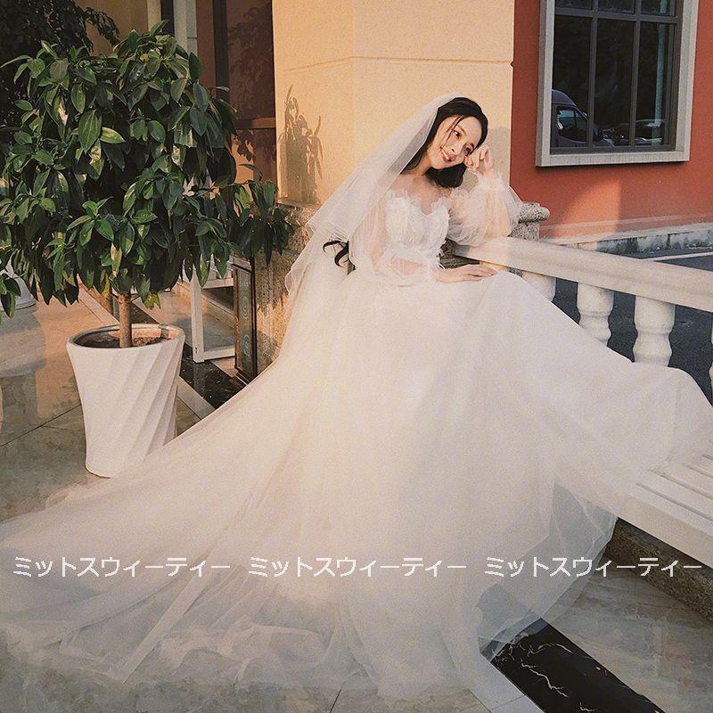 年間ランキング6年連続受賞 チュール Aラインドレス ロングドレス 結婚式 ウエディングドレス 二次会 花嫁 ウェディングドレス トレーン 編み上げ ブライダル 披露宴 挙式 白 長袖 前撮り Aライン サイズ Xl Serveis Nl