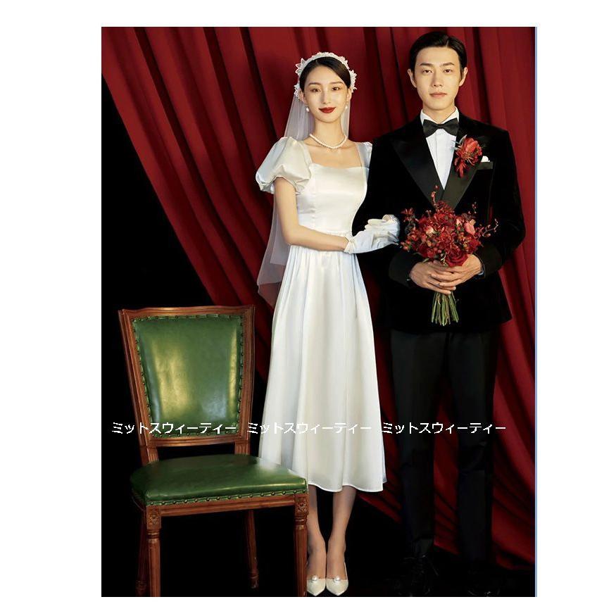 ドレス 二次会 白ワンピース サテン 結婚式 ミモレ丈ドレス 花嫁ドレス 清楚なウェディング 二次会ドレス 森ガールファスナー