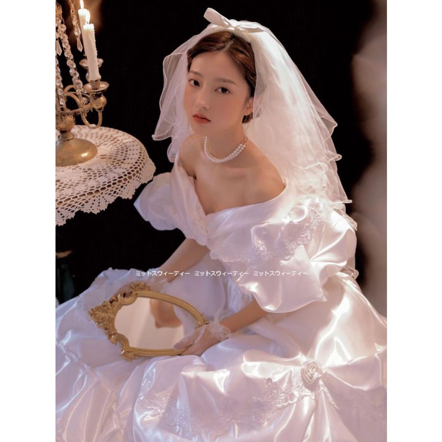 ウエディングドレス レトロ婚 花嫁 サテン 純白 昭和風写真 前 ウエディングドレス レトロ婚 花嫁 サテン 純白 昭和風写真 前