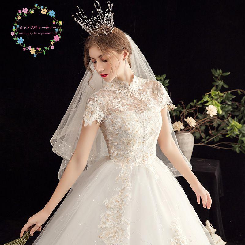 ウエディングドレス 結婚式 花嫁 二次会 プリンセスライン ホワイト 袖付き ウェディングドレス ロングドレス 披露宴 マタニティタイプにオーダー可 編み上げ｜missswteet1122｜04