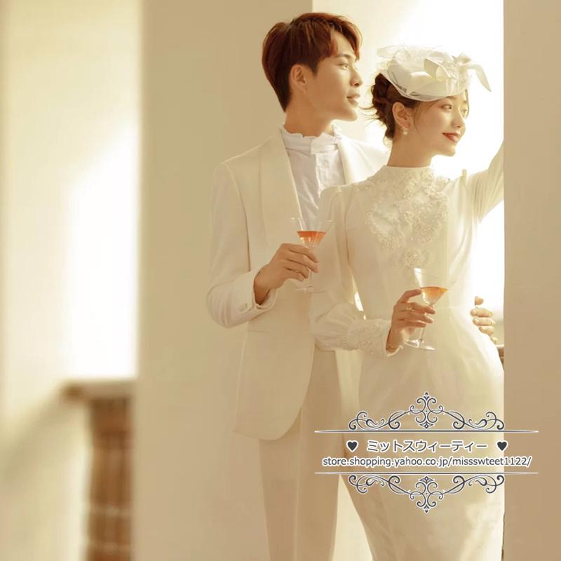 ウェディングドレス 二次会 結婚式 ブライダル 長袖 秋冬 レトロ