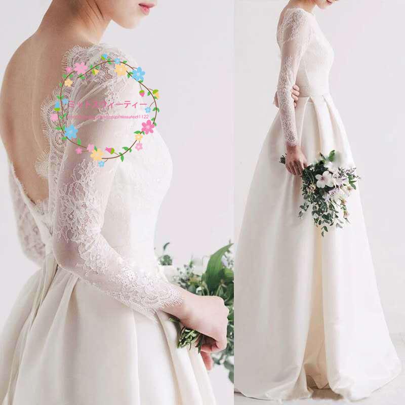 ウエディングドレス パーティードレス 二次会ドレス 長袖 結婚式 ウェディングドレス 花嫁 バックレス ロングドレス Aラインドレス シンプル スレンダードレス