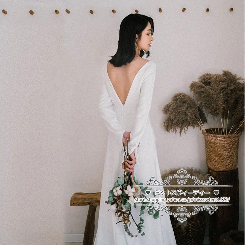 ウェディングドレス 二次会 結婚式 長袖 Vネック サテン 秋冬