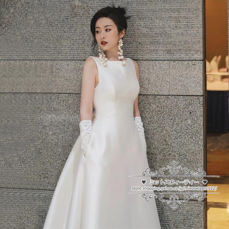 ウェディングドレス 二次会 結婚式 オフホワイト サテン Aライン ウェディングドレス 二次会 結婚式 オフホワイト サテン Aライン