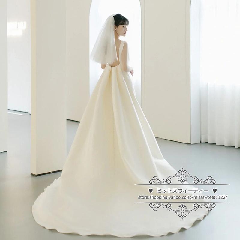 ウェディングドレス 二次会 結婚式 オフホワイト サテン Aライン ウェディングドレス 二次会 結婚式 オフホワイト サテン Aライン