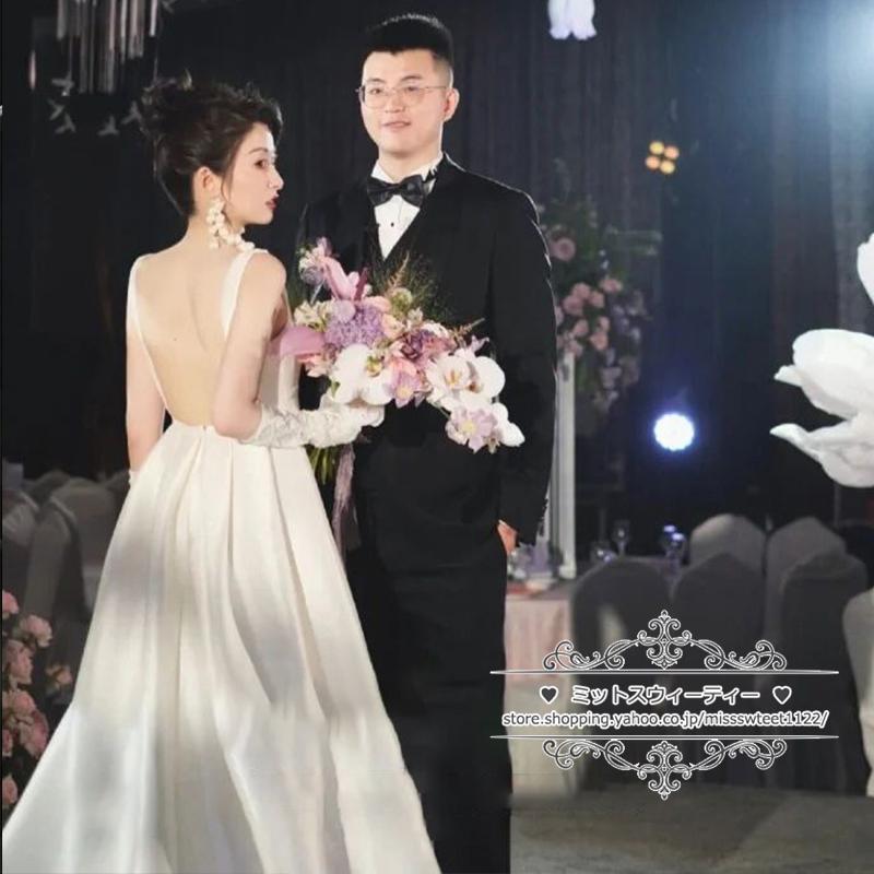 ウェディングドレス 二次会 結婚式 オフホワイト サテン Aライン ウェディングドレス 二次会 結婚式 オフホワイト サテン Aライン