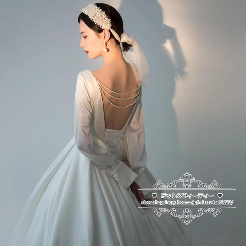 ウェディングドレス 二次会 結婚式 ブライダル サテン 長袖 V ウェディングドレス 二次会 結婚式 ブライダル サテン 長袖 V