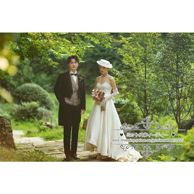 ウェディングドレス 二次会 結婚式 ブライダル 前短後長ドレス サテン ベアトップ ビスチェ 前撮り 海外挙式 花嫁 リゾートウェディング ウエディングドレス_11