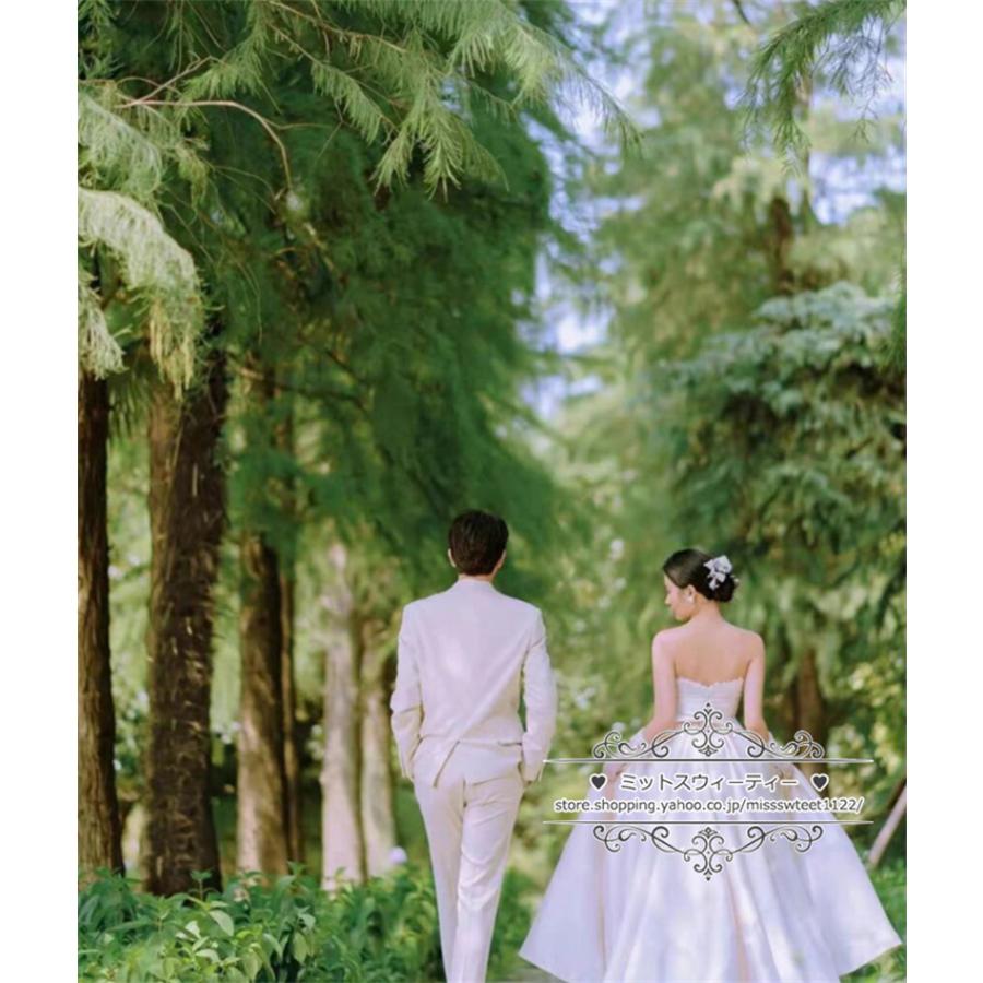 ウェディングドレス 二次会 結婚式 ブライダル 前短後長ドレス サテン ベアトップ ビスチェ 前撮り 海外挙式 花嫁 リゾートウェディング ウエディングドレス_18