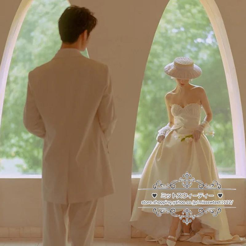 ウェディングドレス 二次会 結婚式 ブライダル 前短後長ドレス サテン ベアトップ ビスチェ 前撮り 海外挙式 花嫁 リゾートウェディング ウエディングドレス_3