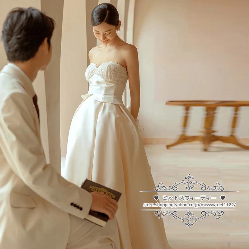 ウェディングドレス 二次会 結婚式 ブライダル 前短後長ドレス サテン ベアトップ ビスチェ 前撮り 海外挙式 花嫁 リゾートウェディング ウエディングドレス_4