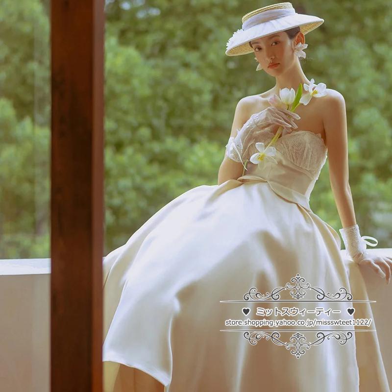 ウェディングドレス 二次会 結婚式 ブライダル 前短後長ドレス サテン ベアトップ ビスチェ 前撮り 海外挙式 花嫁 リゾートウェディング ウエディングドレス_6