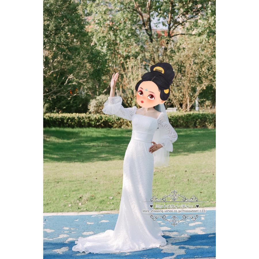 ウェディングドレス 二次会 結婚式 ブライダル ロング マーメイドライン 長袖 前撮り 挙式 花嫁 ウエディングドレス レース トレーン 編み上げ スクエアネック_16
