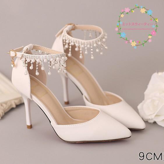 ウエディングシューズ 結婚式 ピンヒール 安い ハイヒール スリッポン ポインテッドトゥ 二次会 パンプス レディース フォーマル パール ストラップ 披露宴 |  | 02