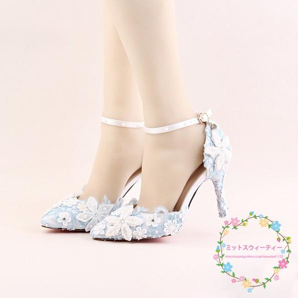 ウエディングシューズ ハイヒール 結婚式 ピンヒール ポインテッドトゥ パンプス 安い ブライダル 二次会 レディース パーティー レース ストラップ 花 | 