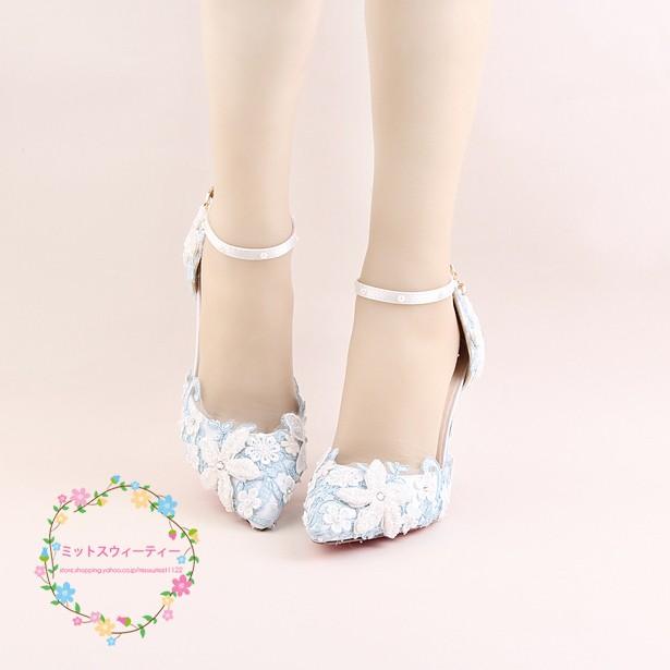 ウエディングシューズ ハイヒール 結婚式 ピンヒール ポインテッドトゥ パンプス 安い ブライダル 二次会 レディース パーティー レース ストラップ 花 |  | 02